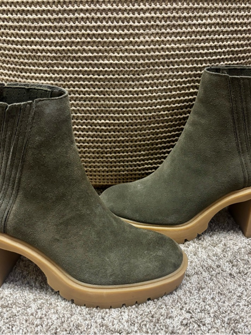 Dolce Vita Olive Suede Chelsea Platform Booties with Tan Lug Sole